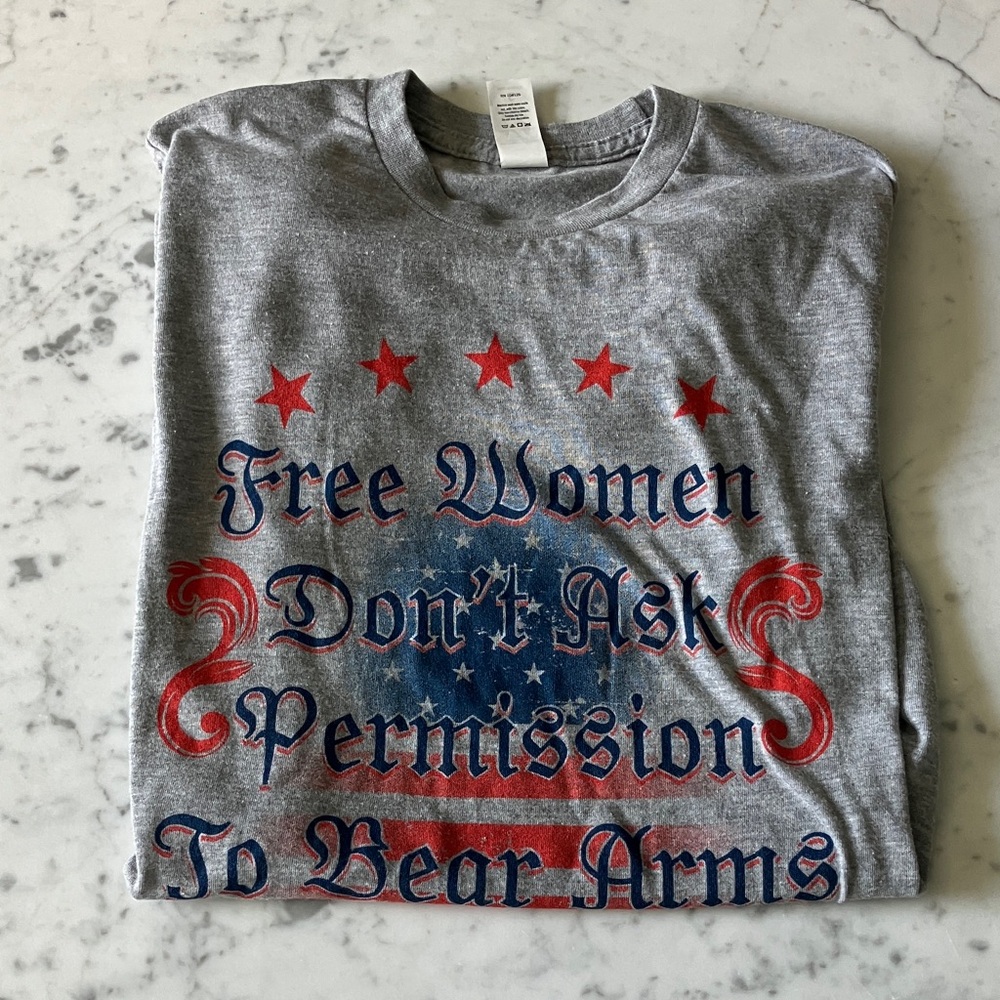 Vintage Gray Graphic Tee with Red & Navy Patriotic Print